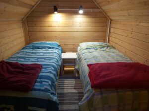 Dual single beds in cabin, which can be joined to a double