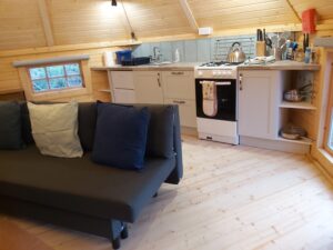 Kitchen and couch in cabin